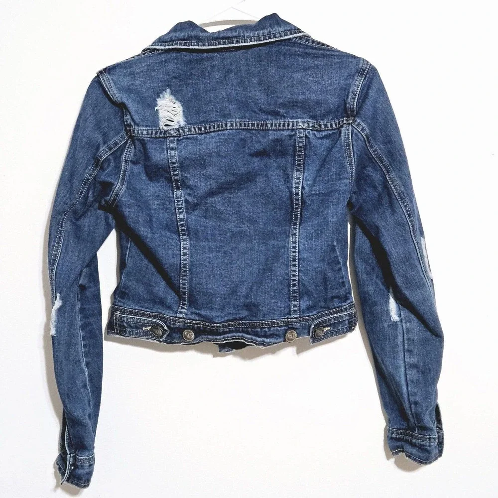 Free People Jean Jacket Womens Sz 0 Motorcycle‎ Trucker Distressed Blue Denim - Picture 2 of 9